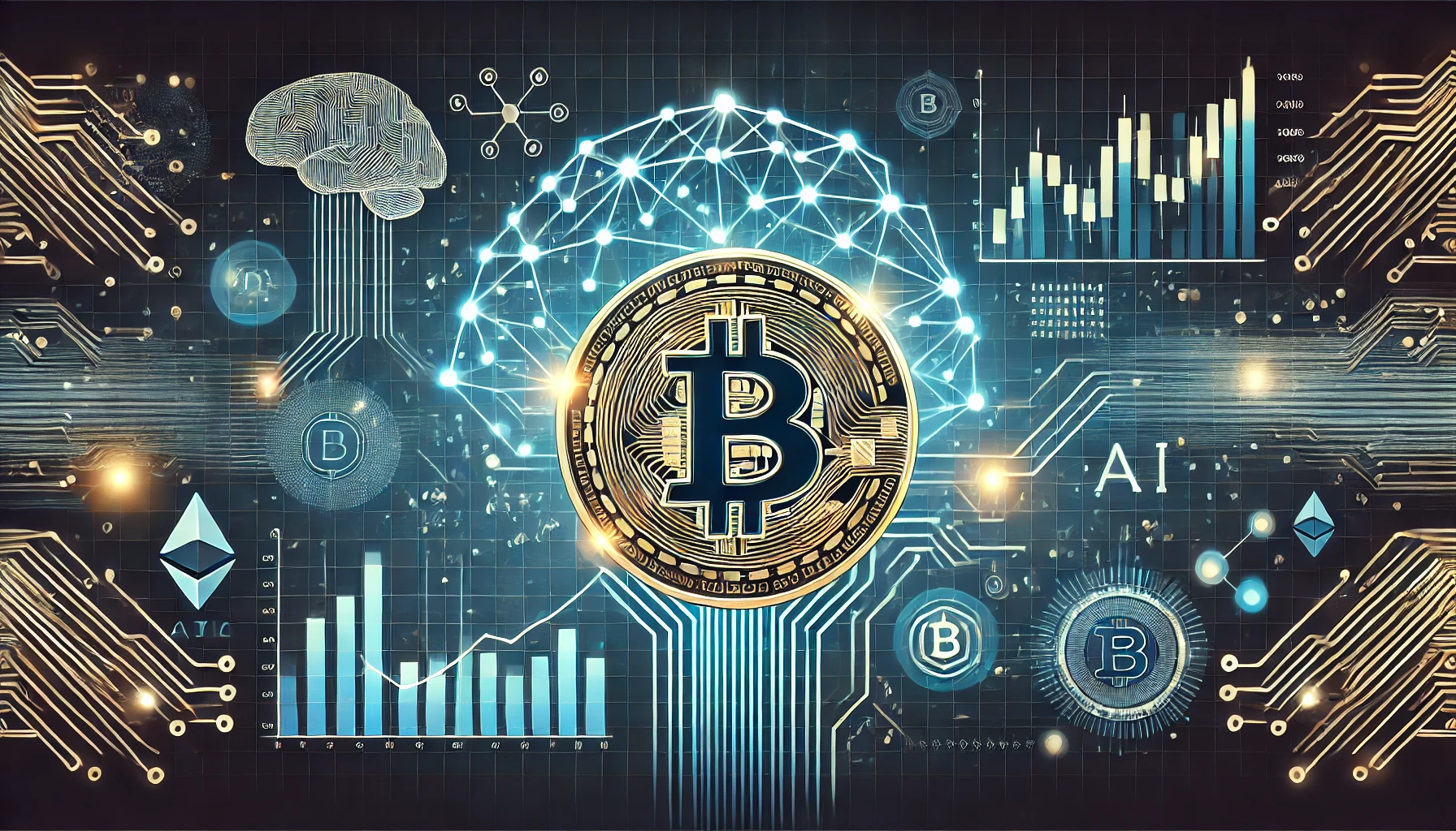 Visualization of artificial intelligence analyzing cryptocurrency market data with neural networks and blockchain elements