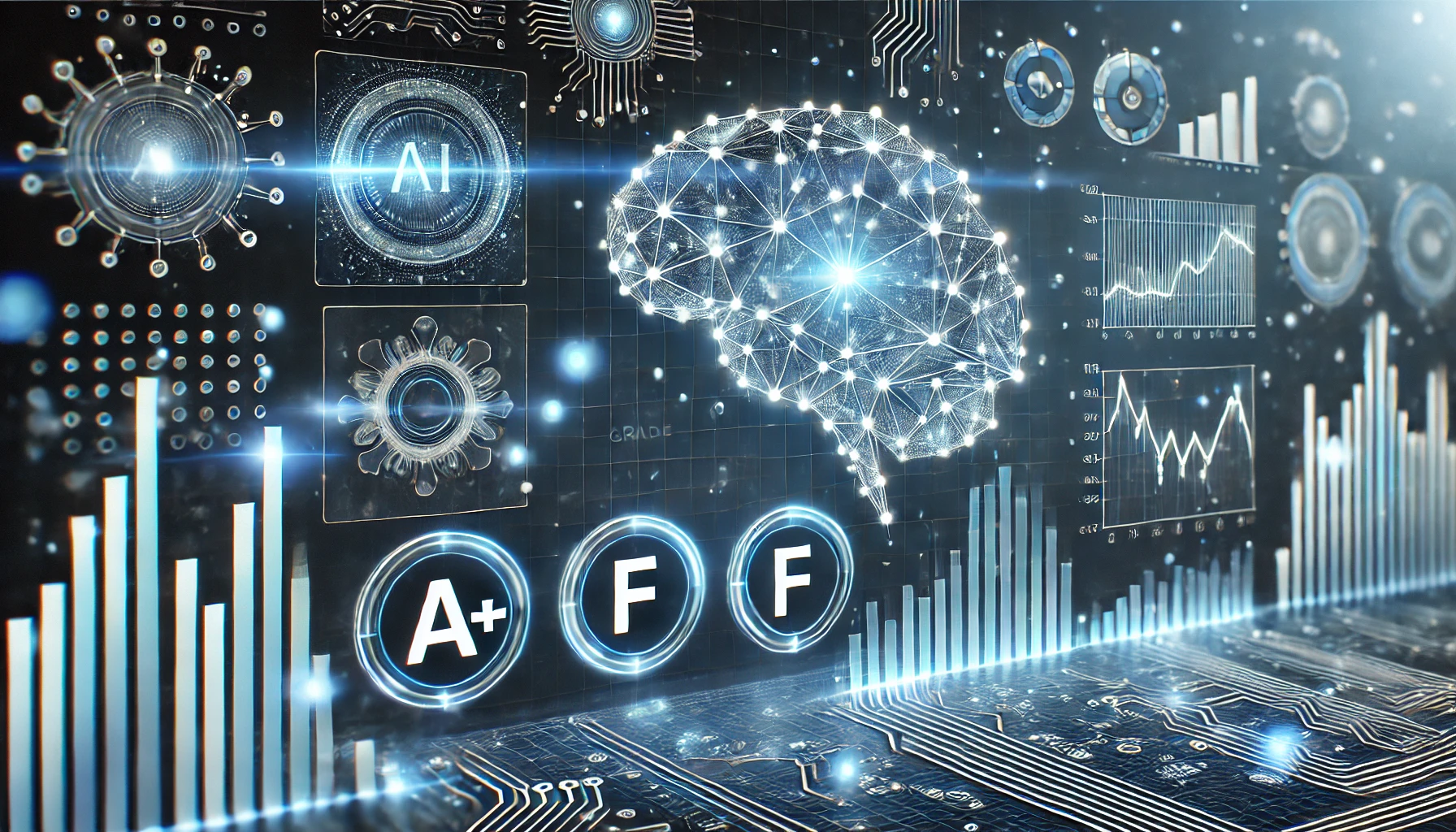 AI investment analysis visualization with grading system and neural network patterns