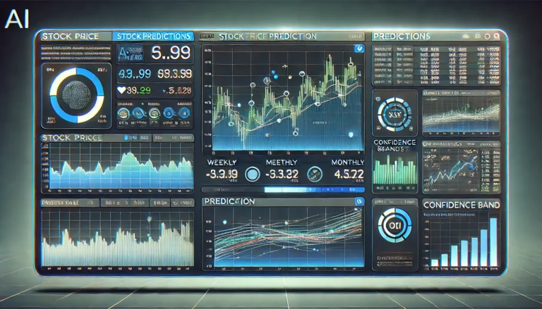 AI stock prediction dashboard showing multiple timeframe forecasts, trend analysis, and Prophet AI confidence bands