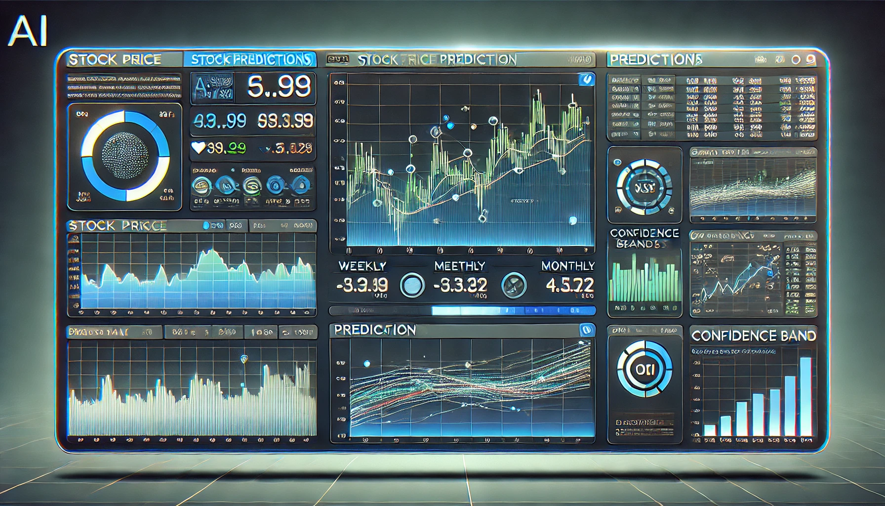 AI stock prediction dashboard showing multiple timeframe forecasts, trend analysis, and Prophet AI confidence bands