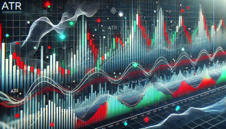 Technical chart showing ATR indicator measuring market volatility with price bars and bands
