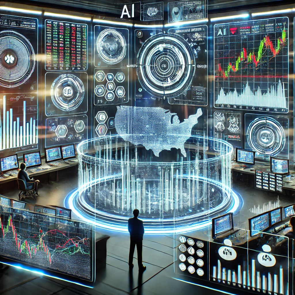 A high-tech AI-powered stock trading platform showcasing real-time market analysis with AI-driven trading signals and predictive analytics.