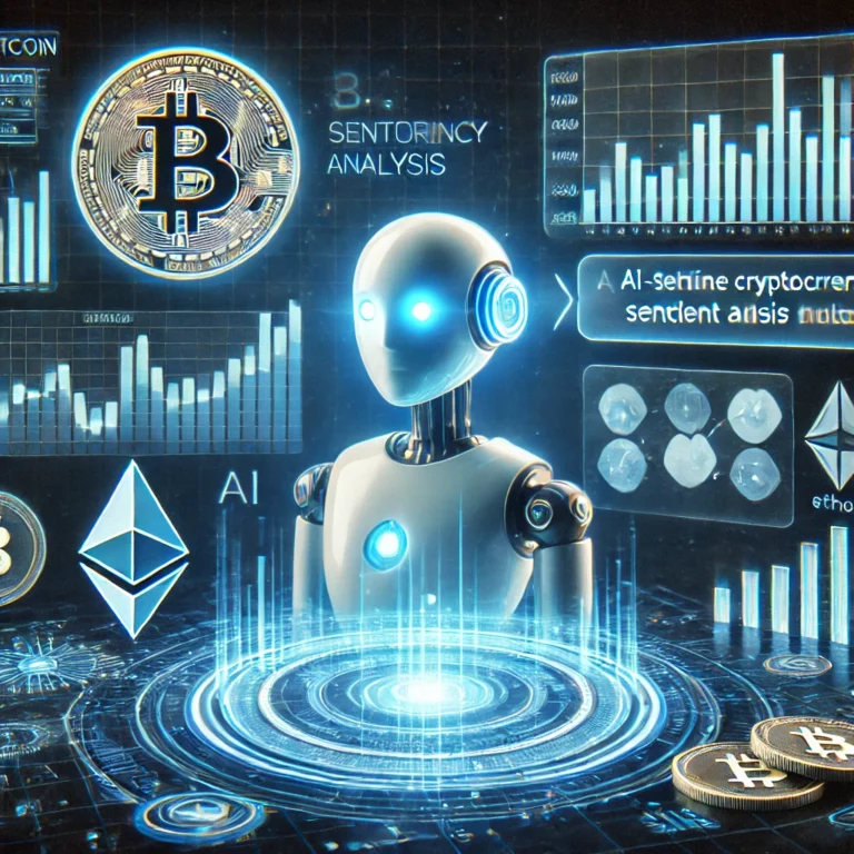 Futuristic AI-powered crypto advisor interface displaying real-time cryptocurrency charts, sentiment analysis, and chatbot responses in a high-tech digital environment.