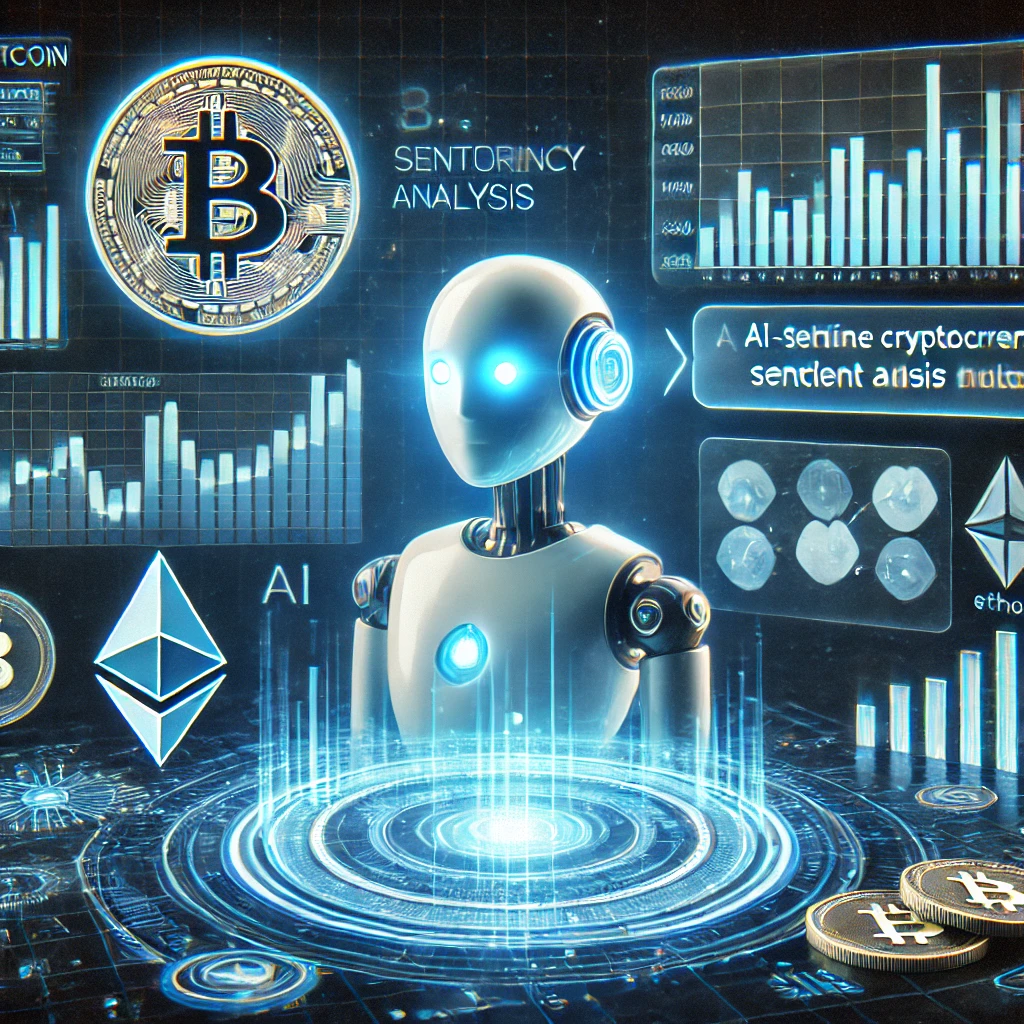 Futuristic AI-powered crypto advisor interface displaying real-time cryptocurrency charts, sentiment analysis, and chatbot responses in a high-tech digital environment.