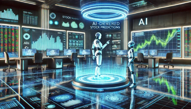 A futuristic AI-powered stock trading floor with holographic screens displaying live stock market data, AI-driven predictions, and a robotic assistant analyzing financial trends.