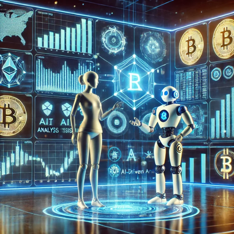 A high-tech AI-powered cryptocurrency education platform with holographic crypto charts, AI-driven insights, and blockchain visuals.