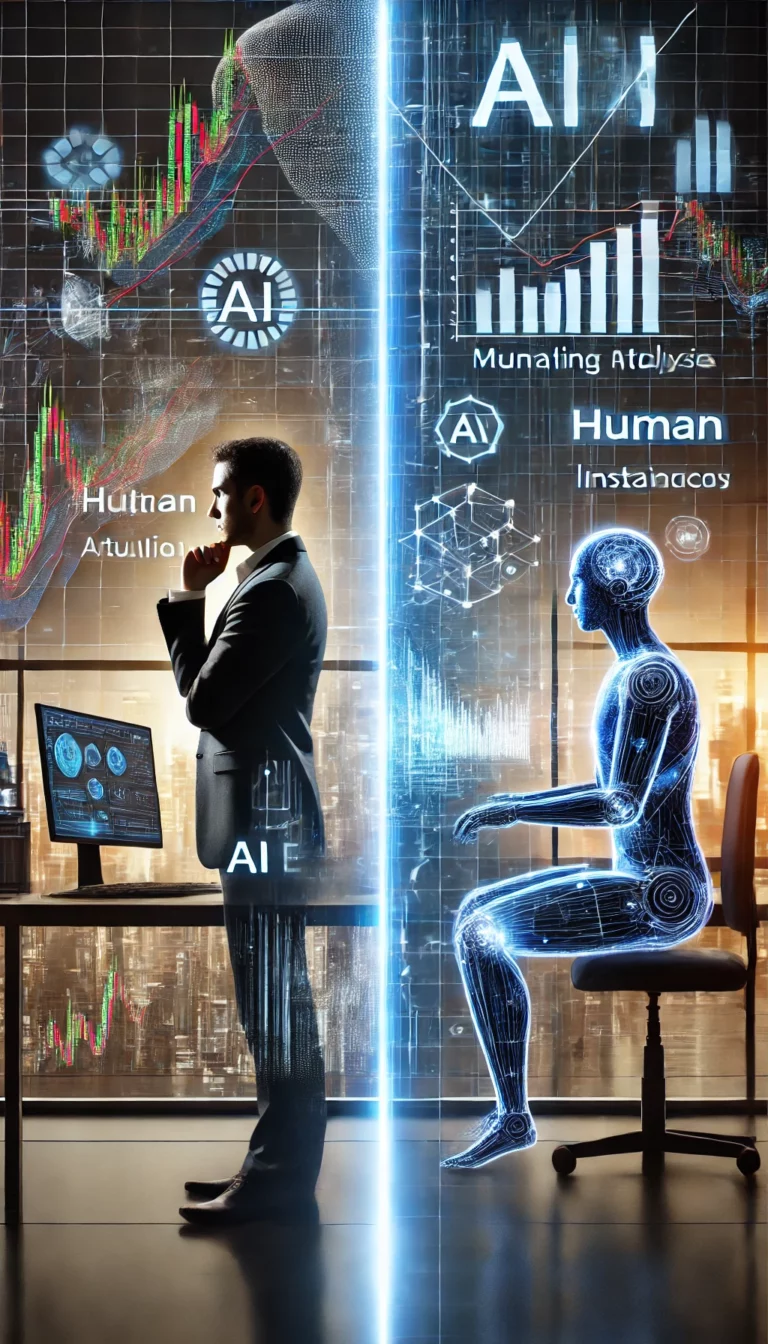 A futuristic AI vs Human trading analysis concept, showing a human trader using traditional tools while AI processes data with holographic charts.