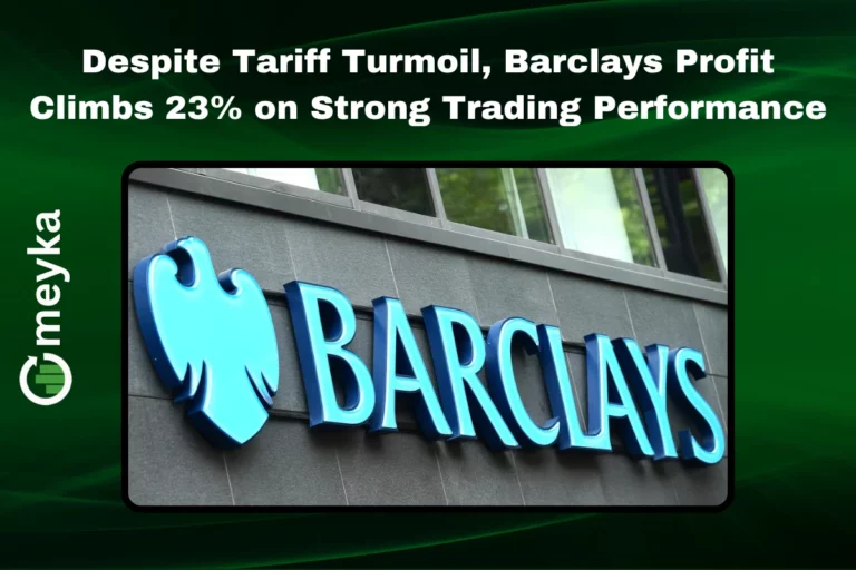 Barclays logo displayed on a digital screen showing financial graphs amid record profit announcement in 2025