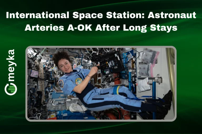 Astronaut floating inside the International Space Station with a heart health monitor