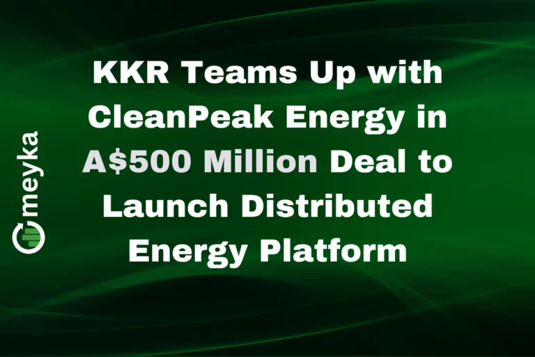A solar panel field and battery storage units with logos of KKR and CleanPeak Energy in the background