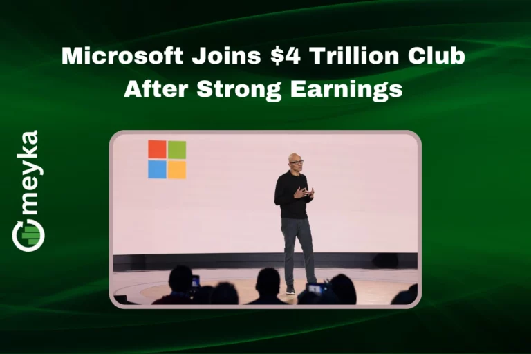 Microsoft logo displayed prominently, representing the company’s milestone of joining the $4 trillion market cap club after strong earnings.