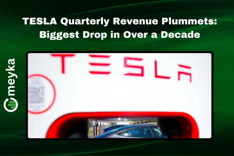 Tesla with downward red graph showing revenue decline in 2025 Q2