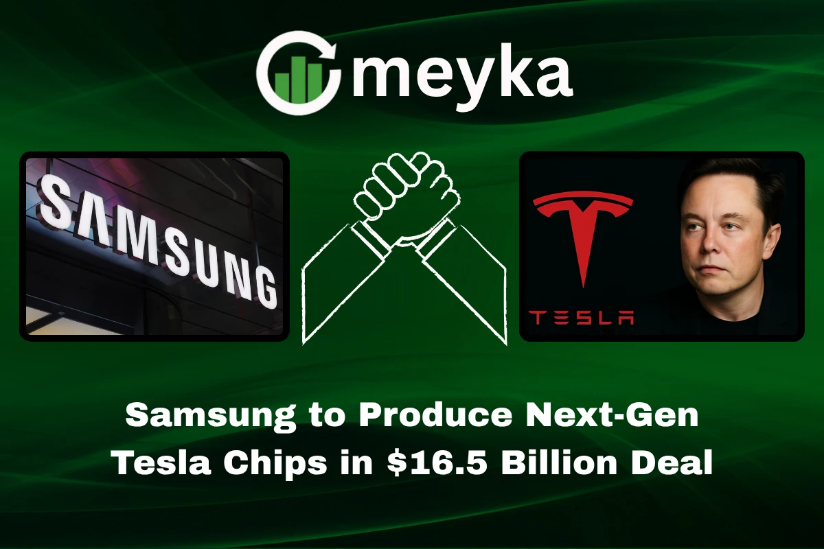 Tesla and Samsung chip partnership illustration with factory and AI6 chip visuals