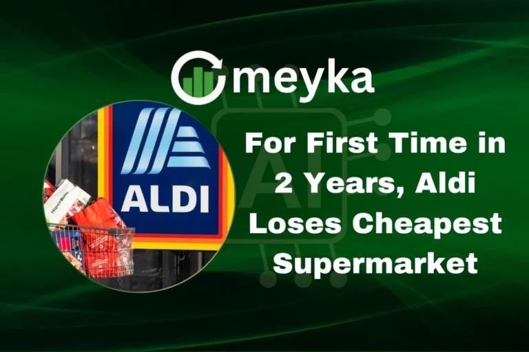 Aldi store front with price tags, symbolizing Aldi losing its cheapest supermarket title
