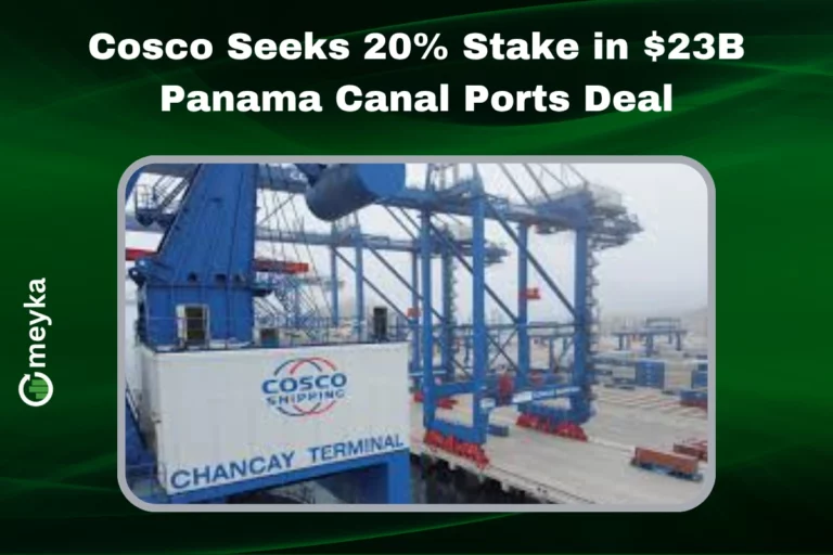COSCO Shipping vessel docked at a major port, symbolizing global trade and maritime logistics.