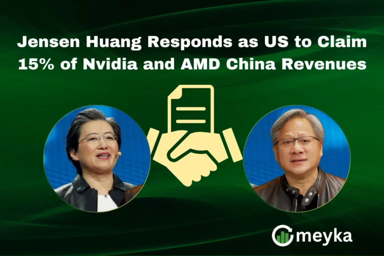 Jensen Huang speaking at an AI industry event with Nvidia and AMD logos in the background