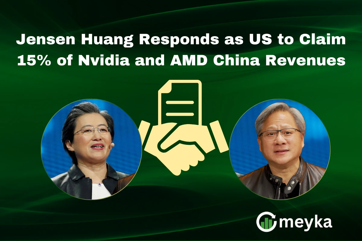Jensen Huang speaking at an AI industry event with Nvidia and AMD logos in the background