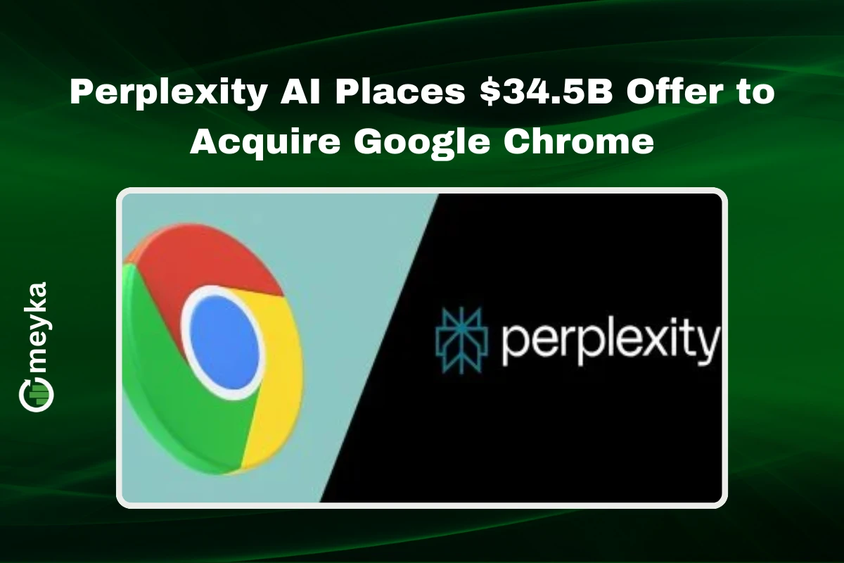 Perplexity AI logo alongside Google Chrome logo representing the $34.5 billion acquisition offer.