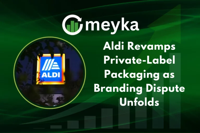 Aldi private label products displayed on store shelves after packaging redesign.