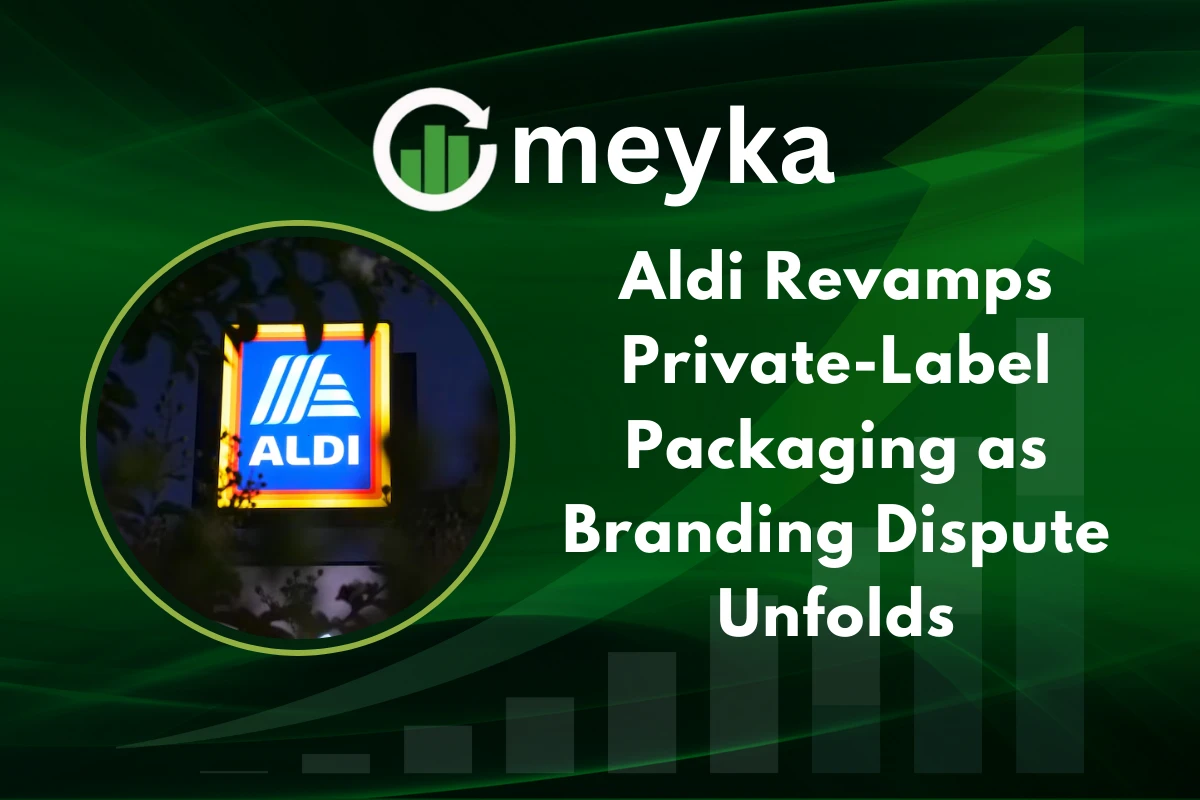 Aldi private label products displayed on store shelves after packaging redesign.