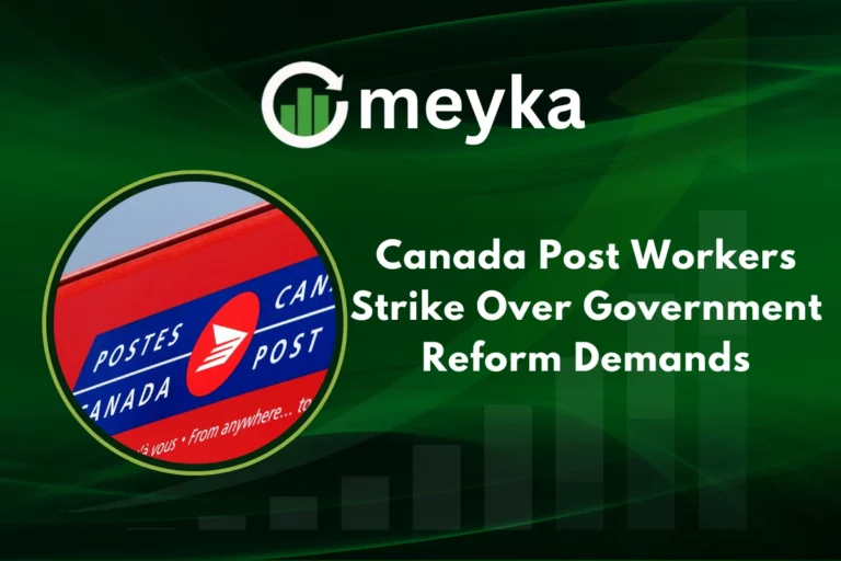Canada Post workers on strike holding banners during nationwide protest in Canada.
