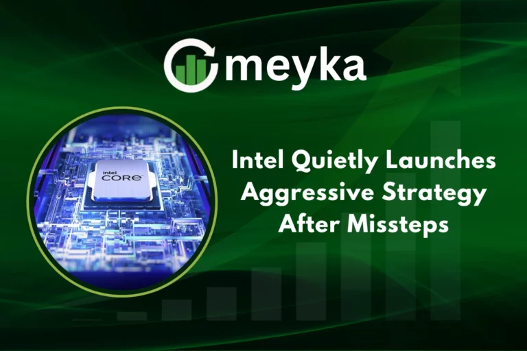 Intel logo with semiconductor chips representing Intel’s market performance and future strategy.