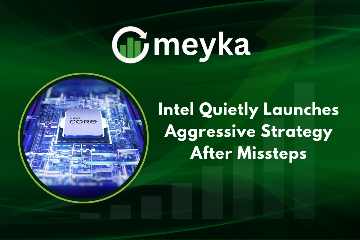 Intel logo with semiconductor chips representing Intel’s market performance and future strategy.