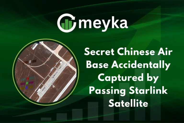 Satellite view of Dingxin Airbase in China, photobombed by a passing Starlink Satellite.