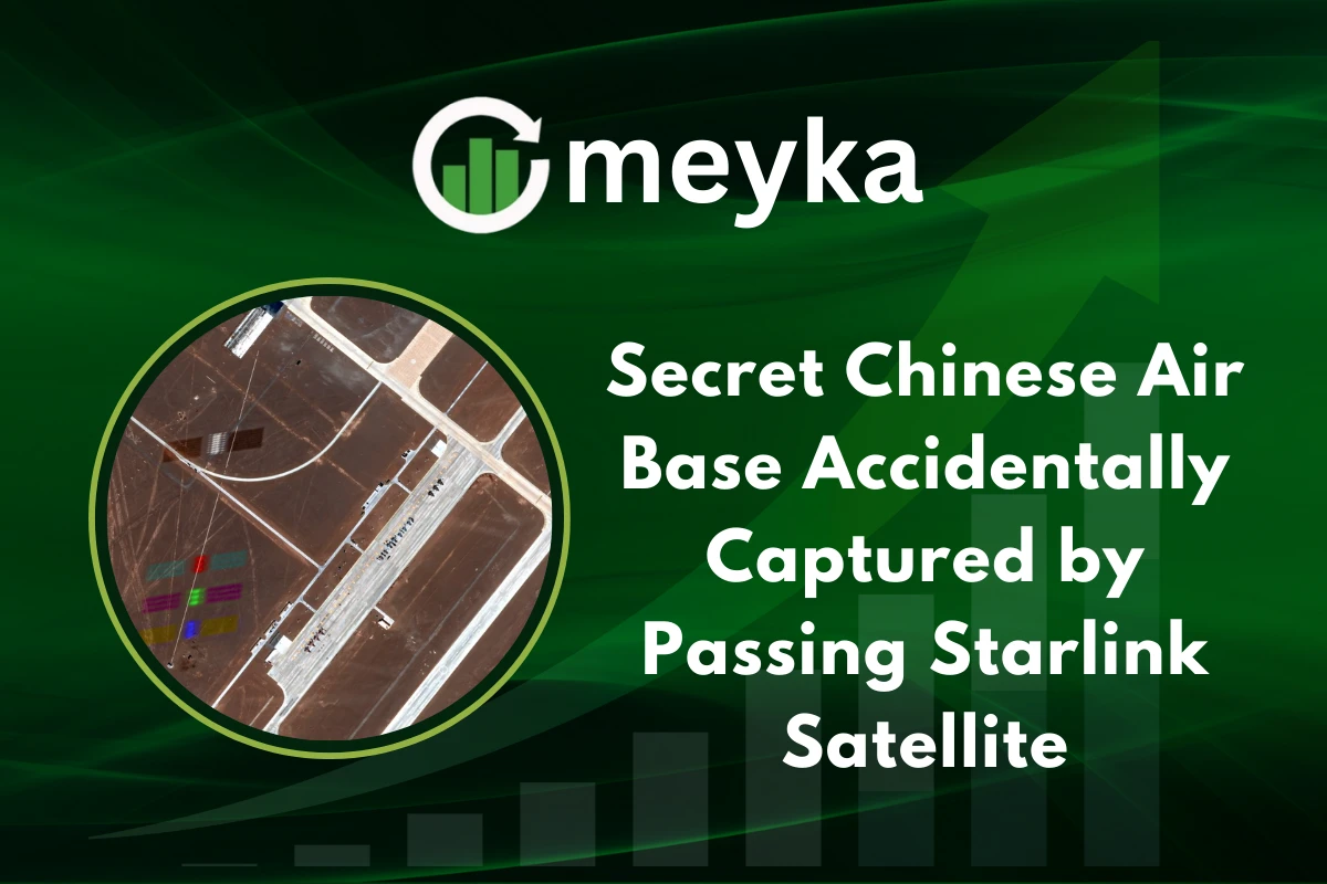 Satellite view of Dingxin Airbase in China, photobombed by a passing Starlink Satellite.