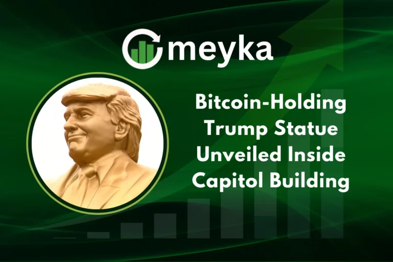 Trump Statue of Donald Trump holding a golden Bitcoin displayed outside the U.S. Capitol building.