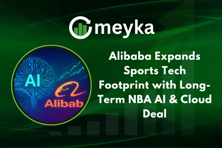 Alibaba Cloud and NBA China logos overlaid on a live basketball broadcast screen, illustrating Alibaba’s AI and cloud partnership.