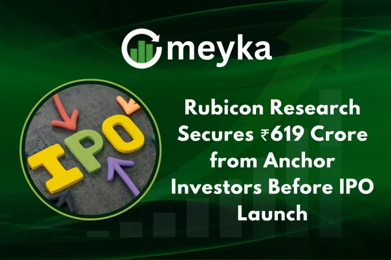 Rubicon Research logo and IPO banner at a stock exchange podium.