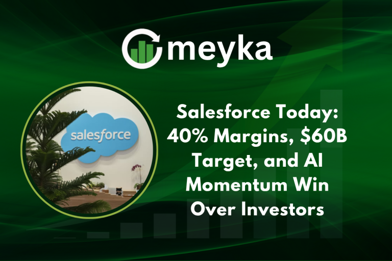 Salesforce logo with AI-driven data analytics background showing revenue growth trends.