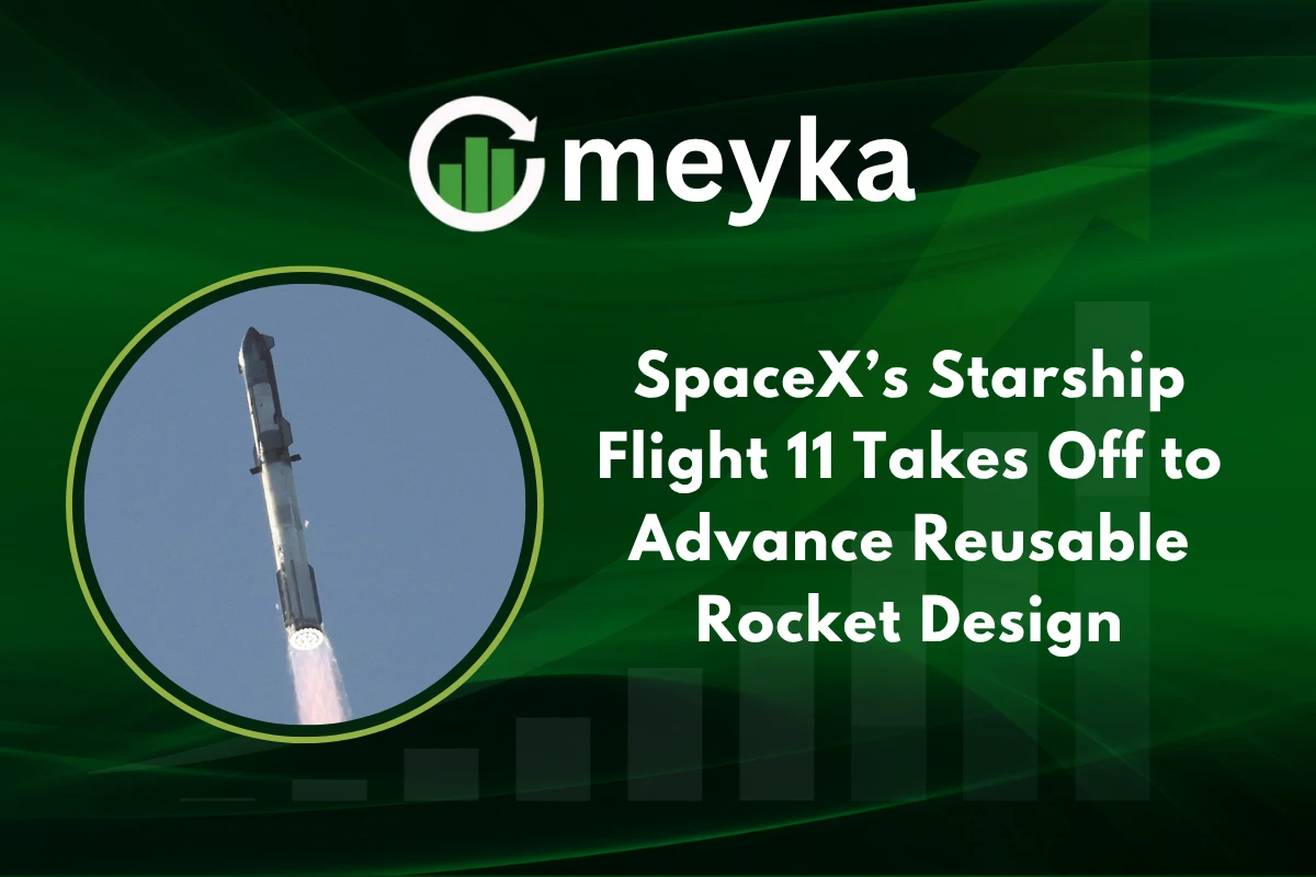 Starship Flight 11 launching from SpaceX Starbase showcasing reusable rocket design advancements.