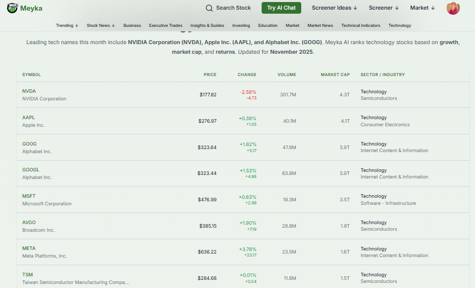 Meyka AI: Major Tech Stocks Financial Performance Overview