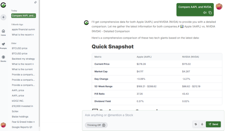 Meyka AI: Nvidia and Apple Comparison Interface on Meyka AI Chatbot