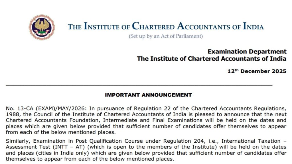 Official Source: ICAI CA May 2026 Exam Dates Announced, Check Schedule