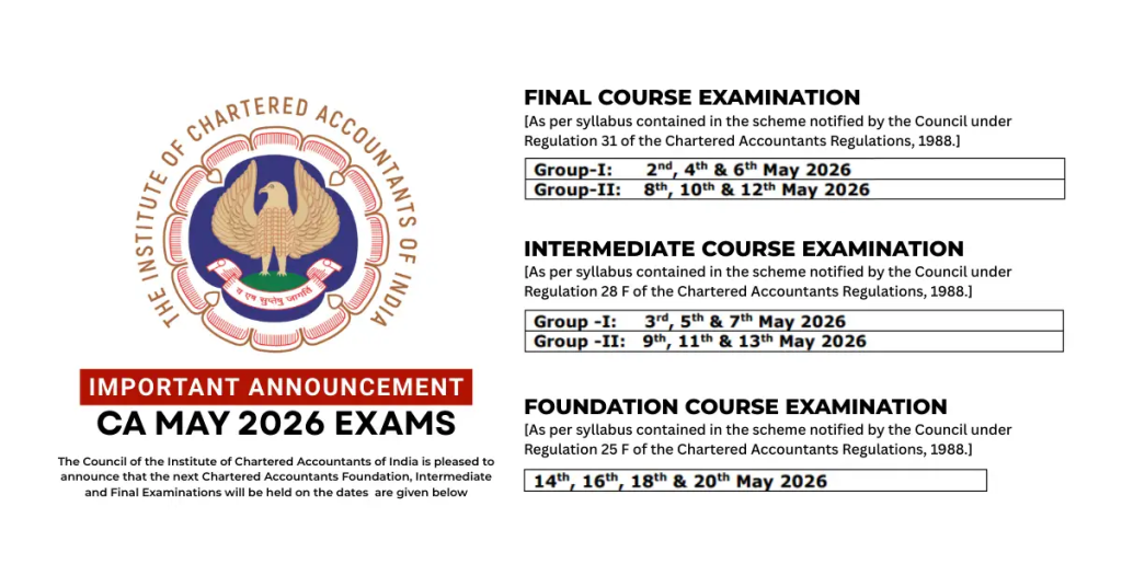 Official Source: ICAI CA, Final, Intermediate, Foundation May 2026 Exam Dates Announced
